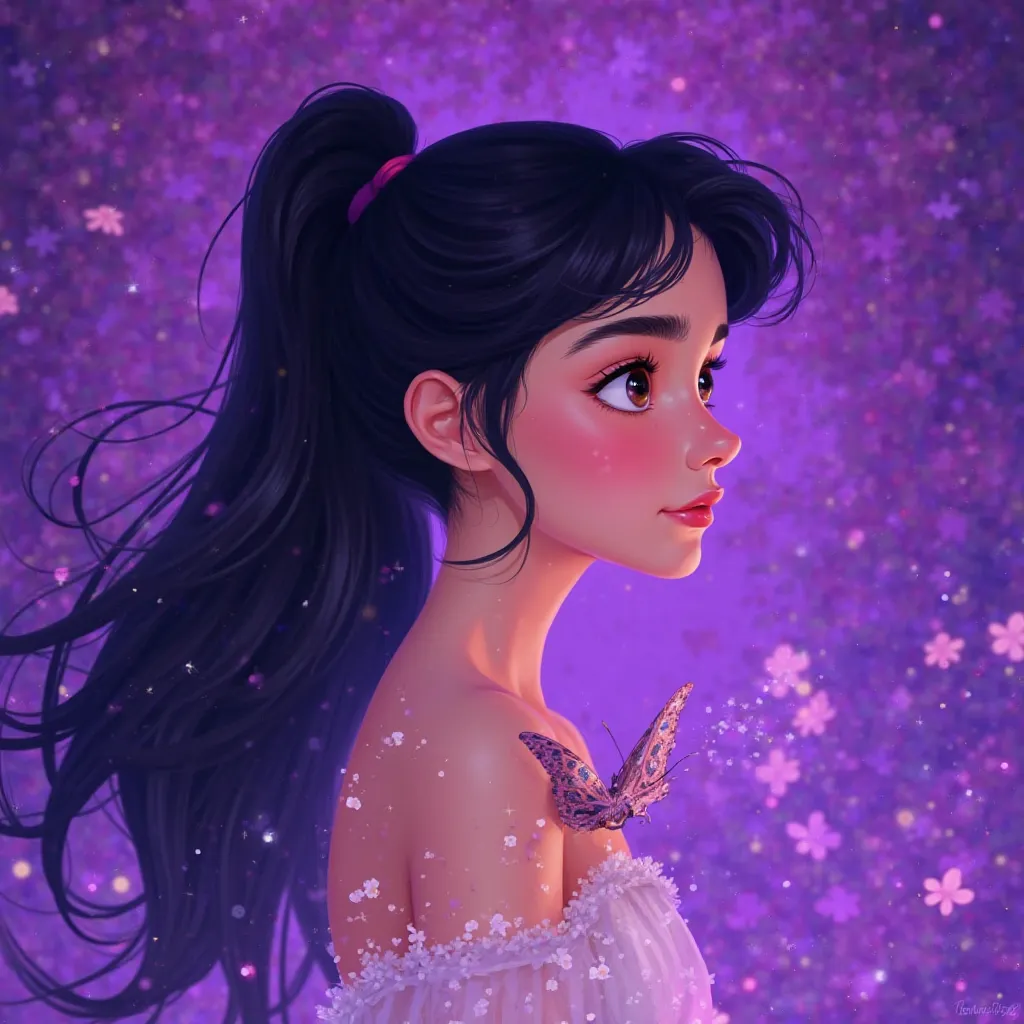 Disney style purple background with butterfly on right shoulder, black hair, ponytail illustration