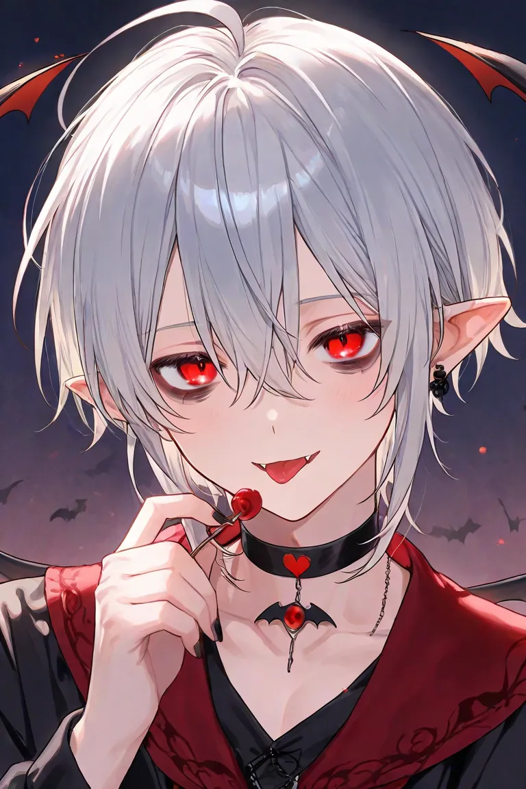 boy、vampire、 Silver Hair、 hair is long、Pointy ears、I have dark circles under my eyes、Eyes are slanted、red eyes、I'm wearing black and red clothes