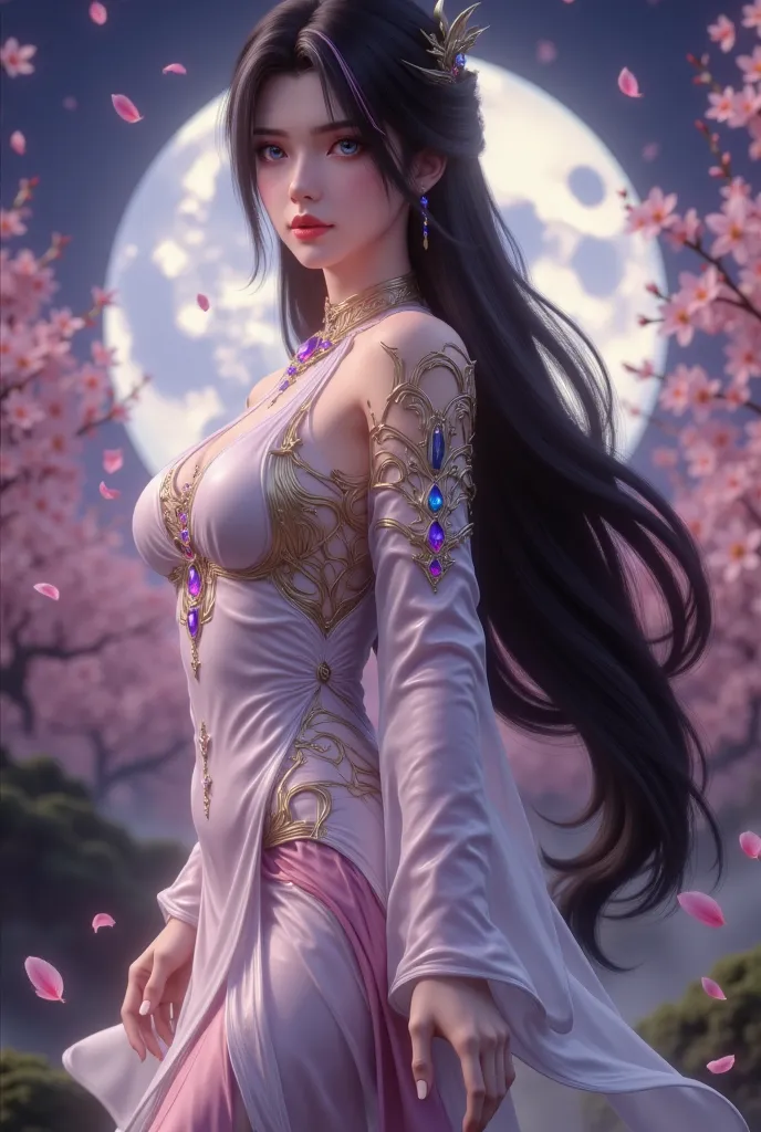 1girl, solo, long hair, breasts, looking at viewer, blue eyes, black hair, hair ornament, dress, jewelry, upper body, flower, earrings, detached sleeves, sky, white dress, petals, night, moon, cherry blossoms, branch, falling petals