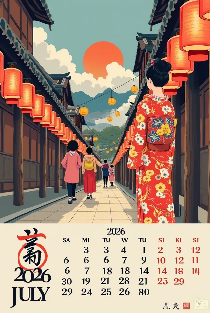 A semi-realistic yet minimalist calendar page for July 2026, inspired by the Gion Matsuri festival in Kyoto, Japan. The design features a beautifully illustrated Yamaboko float with elegant but clean details, glowing red and orange paper lanterns tied to w...