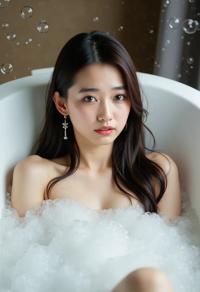 we, professional photo shoot, realistic,  Wong Ka-wai , A picture of an Asian woman lying in the bathtub taken from above,  she has long disheveled dark hair , She is taking a bath,  she has beautiful makeup , A bathtub full of bubbles , A picture of bubbl...