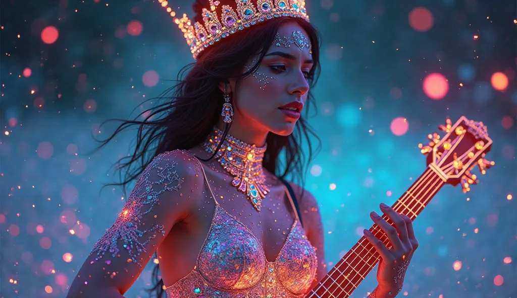 BlingBling,  motion blur ,  triangle , efectos de iluminación de nivel de película    BlingBling,  motion blur ,  triangle ,  film-level lighting effects Fantastic jewelry ornaments all over her body crown  ,   intricate details , súper realistic, diamonds...