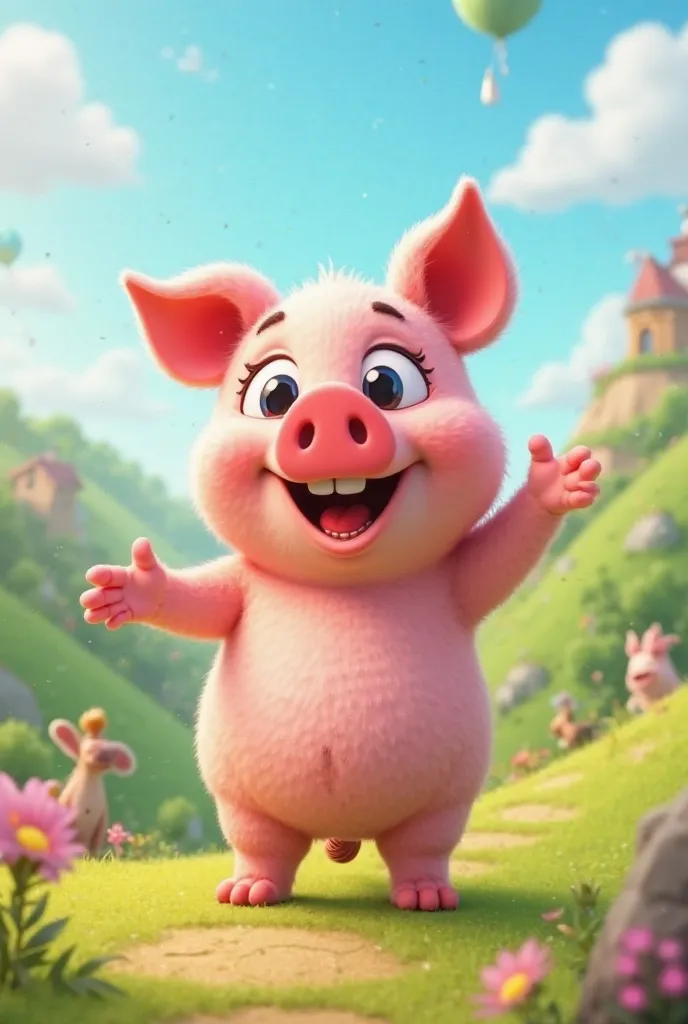 A piggy in animation with his left hand fully stretched out 