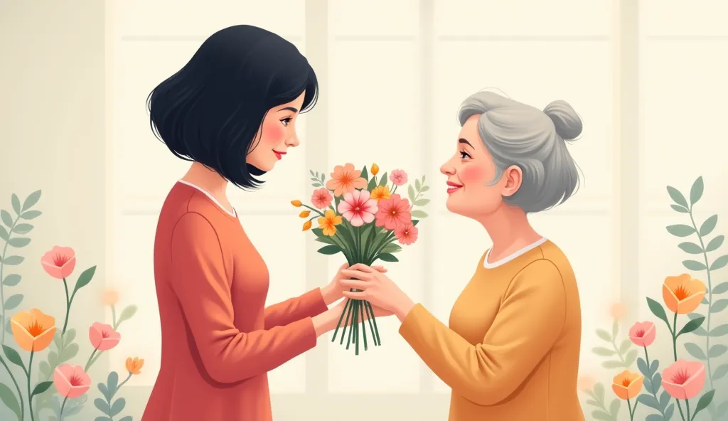 Create a high-resolution digital illustration suitable for digital display. The scene should depict a 35-year-old woman with black layered bob hair, light skin, and a slim figure presenting a bouquet of flowers to an elderly woman. The elderly woman should...