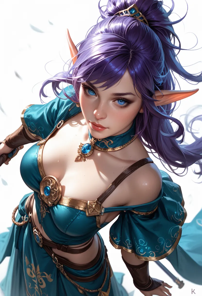 top view, top view, from above, realistic, rpg, dnd token, fantasy, a female elf (pale skin) with long purple hair and blue eyes, wearing a raqs sharqi, standing, character looking down, top view, top view, from above, from above, (white background), full ...