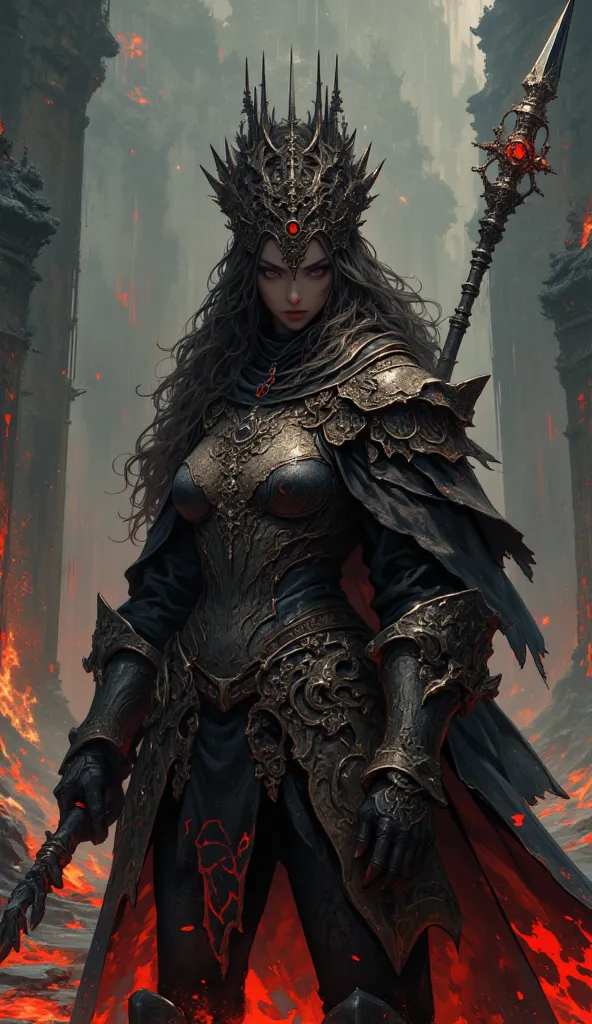 (best quality,4k,8k,highres,masterpiece:1.2),ultra-detailed,(realistic,photorealistic,photo-realistic:1.37),muscular female knight,full plate armor with scratches and rust,medieval European style,wielding a long spear,magical glowing runes on armor,eerie a...