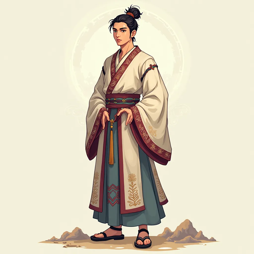 a 2D horizontal game character，Portrait of a young man in ancient China。 standing position 。Face to the right。place your hands on both sides of your legs。Draw your whole body