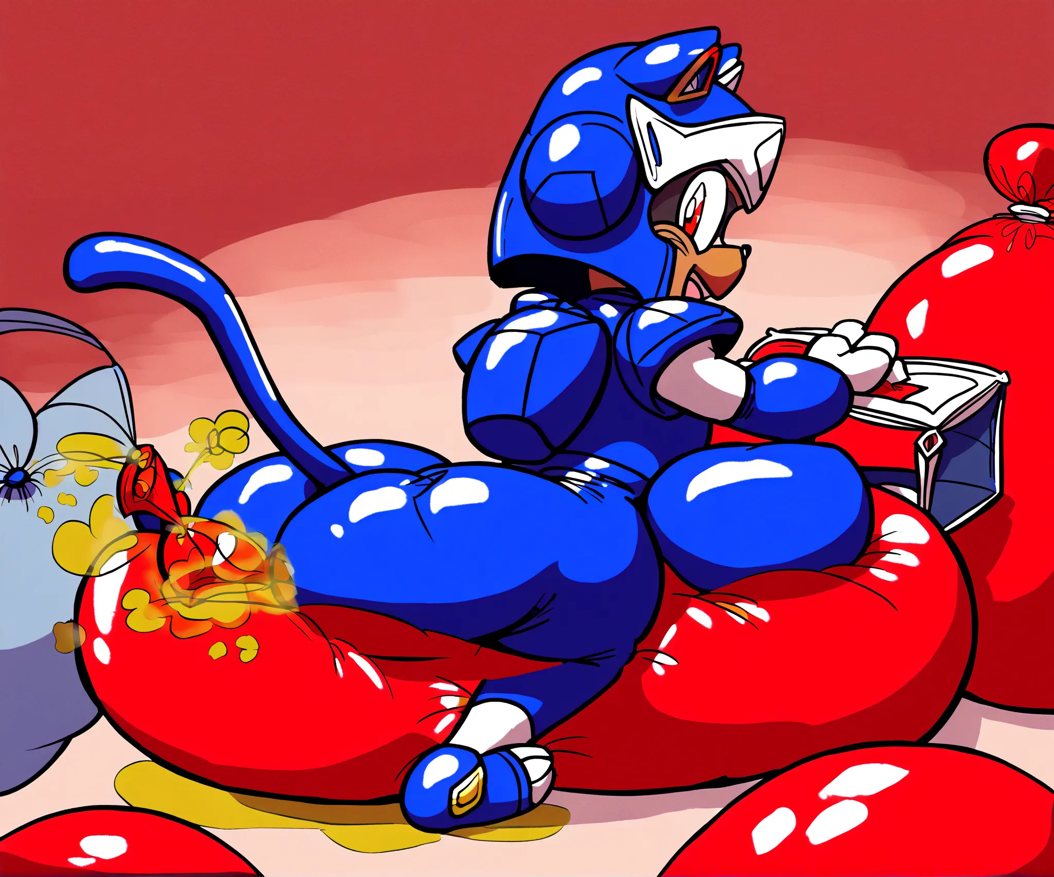 samurai pizza cats, guido anchovy, armor, no helmet, bald, blue armor, male, furry male, cat, solo, 1boy, tail, red eyes, male focus, animal ears, cat ears, cat tail, red balloon, big balloon, large balloon, huge balloon, giant balloon, big red balloon, gi...