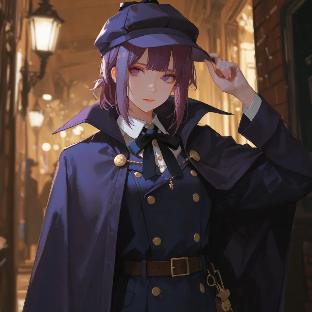 Purple eyes, purple hair, dressed in a detective costume, 