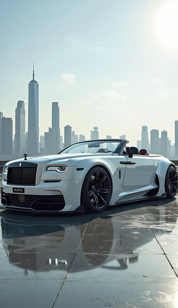 "A futuristic luxury convertible inspired by Rolls-Royce, featuring an aggressive widebody design, low stance, and custom aerodynamic body kit. The car has a sleek, glossy white finish with black accents, a large front grille, and ultra-modern slim LED hea...