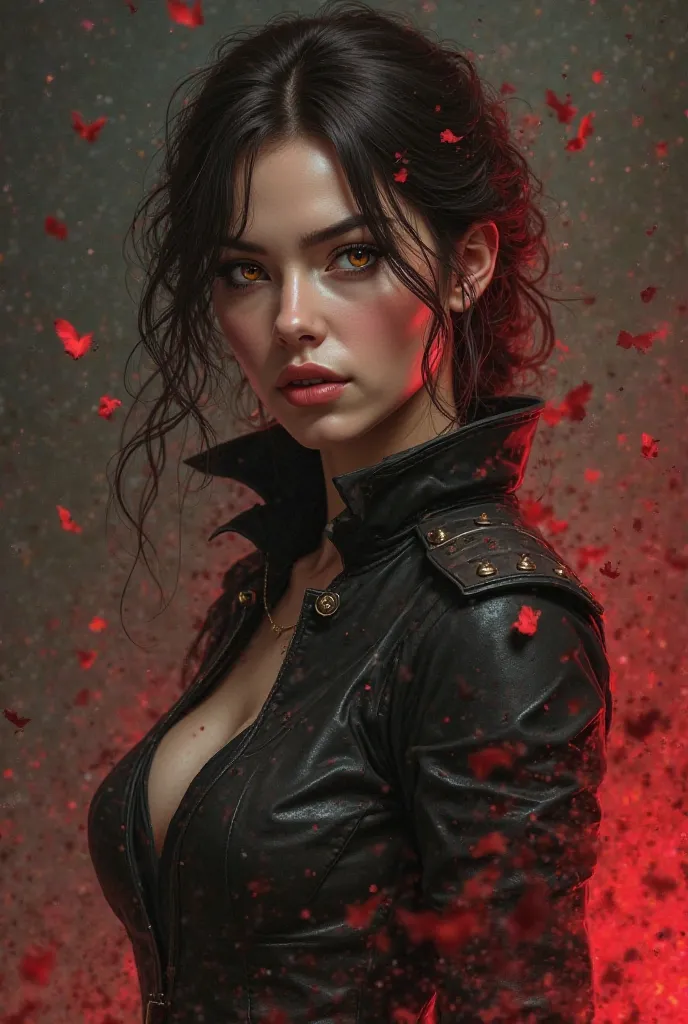 Woman with dark brown hair fair skin brown eyes honey brown with her breath of roses, with a beautiful body and with her red breath, in demon hunter uniform dress, 