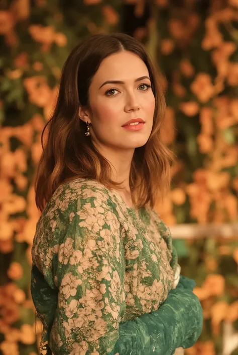 best quality, highres, 8k, masterpiece, photography, detailed midbody photorealistic portrait. Mandy Moore channels Japanese royalty in a jade green silk kimono-inspired lingerie set with intricate golden crane embroidery, a wrap-around obi belt, and a flo...