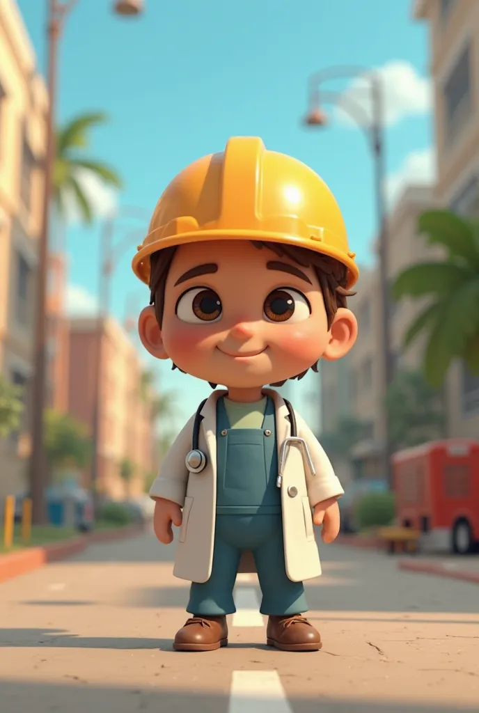 "Create a 30-60 second 2D/3D animation featuring mini workers (small, cute characters with big heads and small bodies) in various fields of work. The animation should show everyday activities such as a doctor examining a patient, a teacher teaching a class...