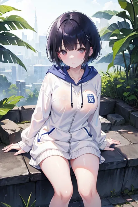 high school girl、In uniform、 is wearing white clothes、dark blue hair、short cut hair、 white skin、brown loafers、Light-pigmented eyes、、brown loafers、Light-pigmented eyes、I'm wearing a deep white hoodie hood、Baby Face、Big Breasts、 nipples、Front lining、wet、clot...