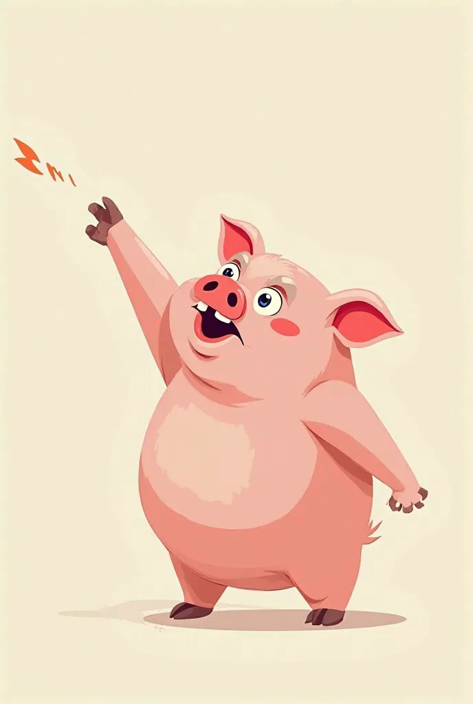 Animated piggy with his right arm fully stretched straight as if wanting to reach something that is far away 