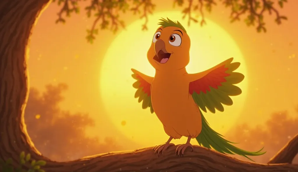 The final shot shows the adorable parrot standing proudly on a tree branch, flapping its wings slightly while chirping "Miththu Miththu" happily. The background transitions to a golden sunset, creating a warm and happy ending to the video.cartoon 