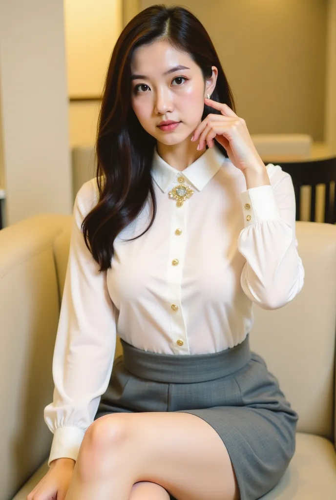 a young woman seated on a light-colored chair in an indoor setting, likely an office or lounge. She has long, dark hair styled neatly, and her expression is poised and confident. She is dressed in a professional yet stylish outfit, consisting of a white bl...