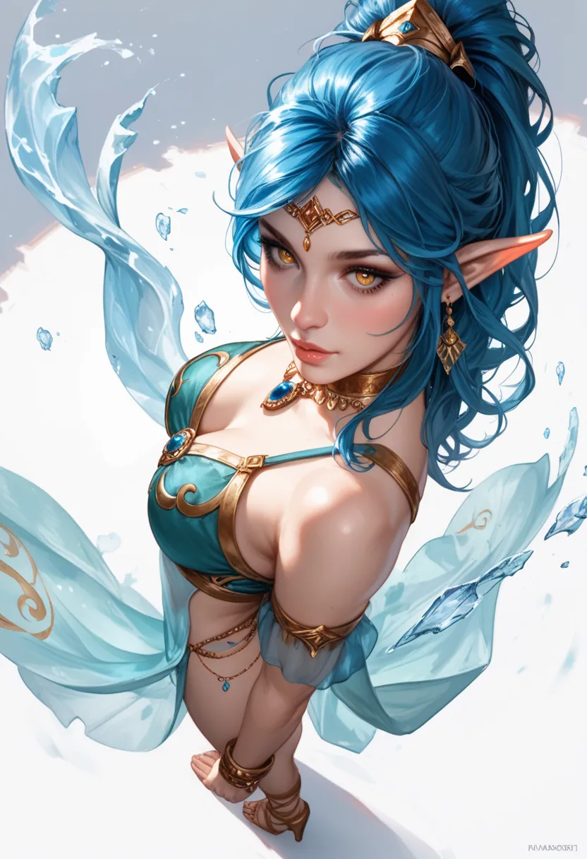 top view, top view, from above, realistic, rpg, dnd token, fantasy, a female elf dancer (pale skin) with long ice blue hair and gold eyes, wearing a black raqs sharqi, standing, character looking down, top view, top view, from above, from above, (white bac...