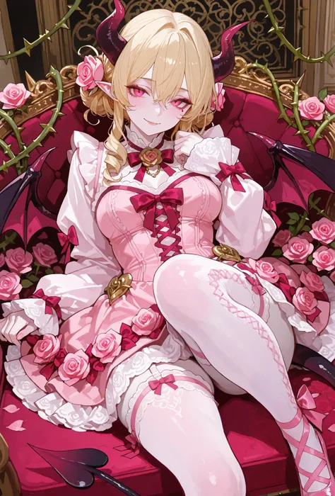 succubus , is mature adult woman. she has light blonde curly hair gathered in one single hair-bun, some curls are escaping from her hairstyle. Her eyes are pink with narrow pupil.  She has golden and pink tattoos of roses and demonic sigils of lust on her ...