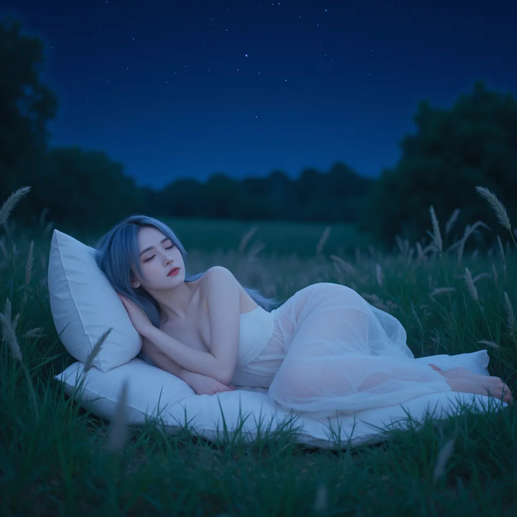 realistic 3d kpop concept photo pretty girl laying midnight blue hair laying in the green grass sleeping in a pillow in a flowly white dress