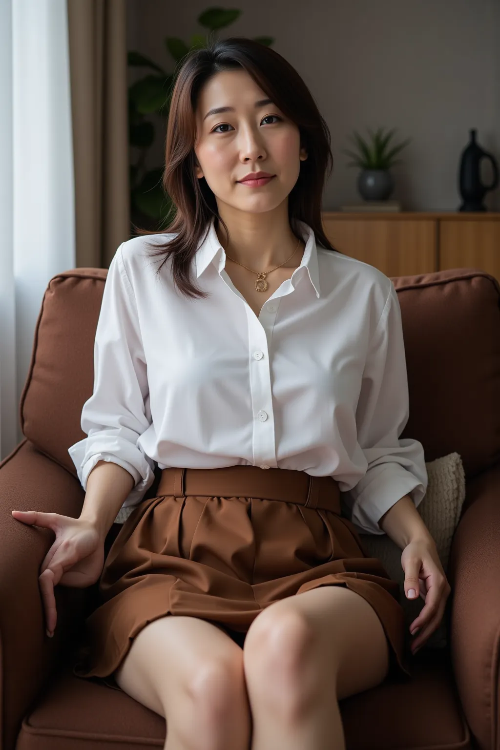 Full body photo of a graceful 60-year-old Japanese woman, 、(Facial wrinkles、 nasolabial fold:1.5)、Middle-aged appearance ,  front view、 sitting on a chair in the living room、The brown satin miniskirt is rolled up、( sleeping with both eyes closed :1.5)、Weak...