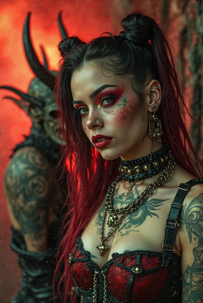 A Closer picture of a Stunningly Beautiful "Cyber Punk" Style Woman, Magnificent Tatoos,  Pale Skin with Snake Patern and  Black Big  Spikes,  Nose Piercing,  Gothic Punk  green colour  on her Cheeks, Red and Black Punk Hair Style with Shawed on the sides ...