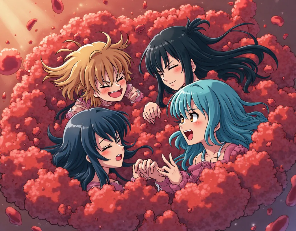 An anime-style illustration depicting many vampire-girls playfully wrestling with each other inside a blood comical fight cloud.
each vampire-girl has different colored hair and skin.
their faces,hands,and feet are visible emerging from the cloud as they t...