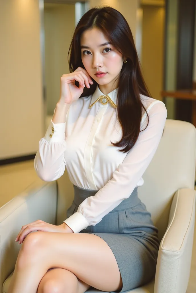 a young woman seated on a light-colored chair in an indoor setting, likely an office or lounge. She has long, dark hair styled neatly, and her expression is poised and confident. She is dressed in a professional yet stylish outfit, consisting of a white bl...