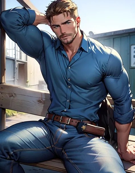 1 man, male focus solo,45 yo man,Stephen AMELL as private investigator,  lean muscle, open blue shirt, marine blue jeans with brown belt ,( big bulge), full body shot, dark blond short hair, well groomed facial hair, holding a gun with one hand, , ultra hi...