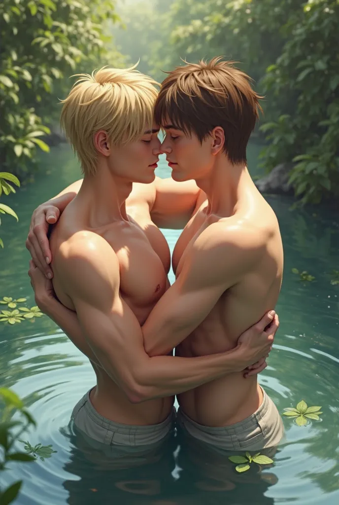  natural blond man, Handsome and 22 year old, short straight hair with bangs and muscular body, kissing a 17-year-old age man, brown hair, short flat with fringe in a realistic pond