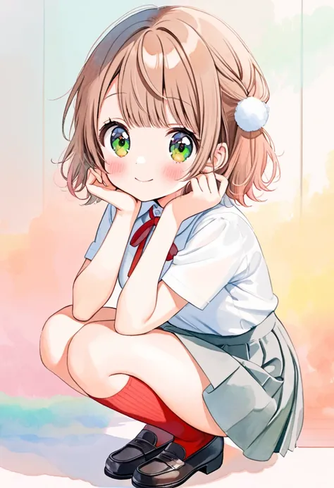 (ultra detailed), cover image, (soft pastel tones, watercolor, (bright color:1.3), transparent, gradation, harmonious and calm atmosphere:1.1), shigure ui(vtuber), 1girl, , Elementary school girl, brown hair, big eyes, black eyes, ((red round eyewear:1.2))...