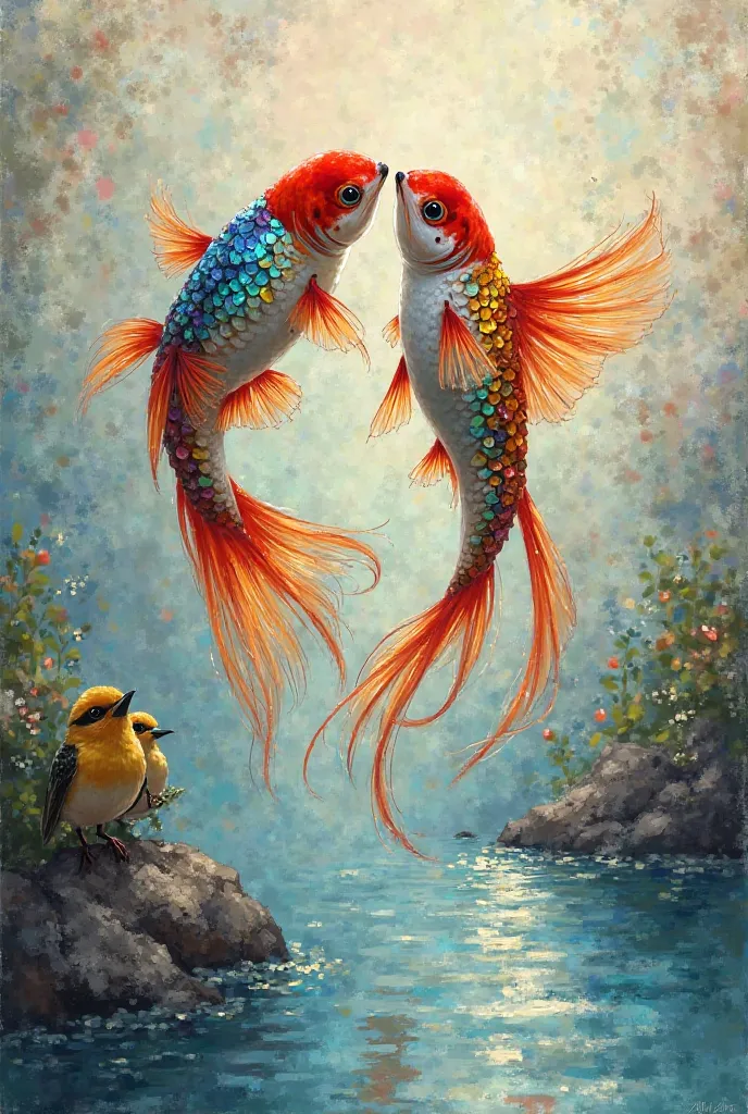 Guppy fish and lovebirds impressionism intense