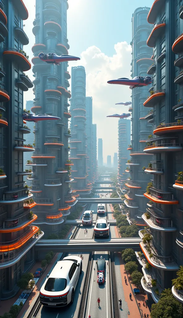 A wide-angle view of Neo-Hyderabad’s bustling aerial commercial district, set above the clouds. Towering shape-memory skyscrapers with reconfigurable light fields frame an expansive network of floating platforms. Futuristic flying vehicles—sleek, wheel-les...