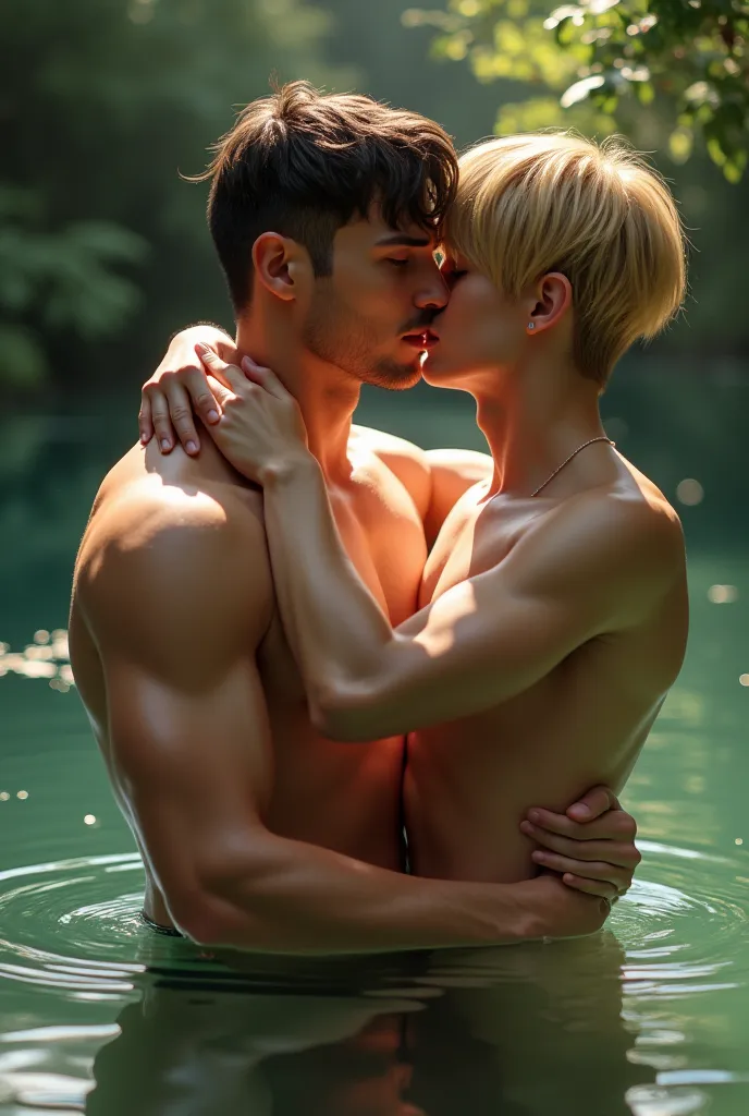  natural blond man, Handsome and 22 year old, short straight hair with bangs and muscular body, kissing a 17-year-old age man, brown hair, plain short with fringe in a pond as realistic as possible 