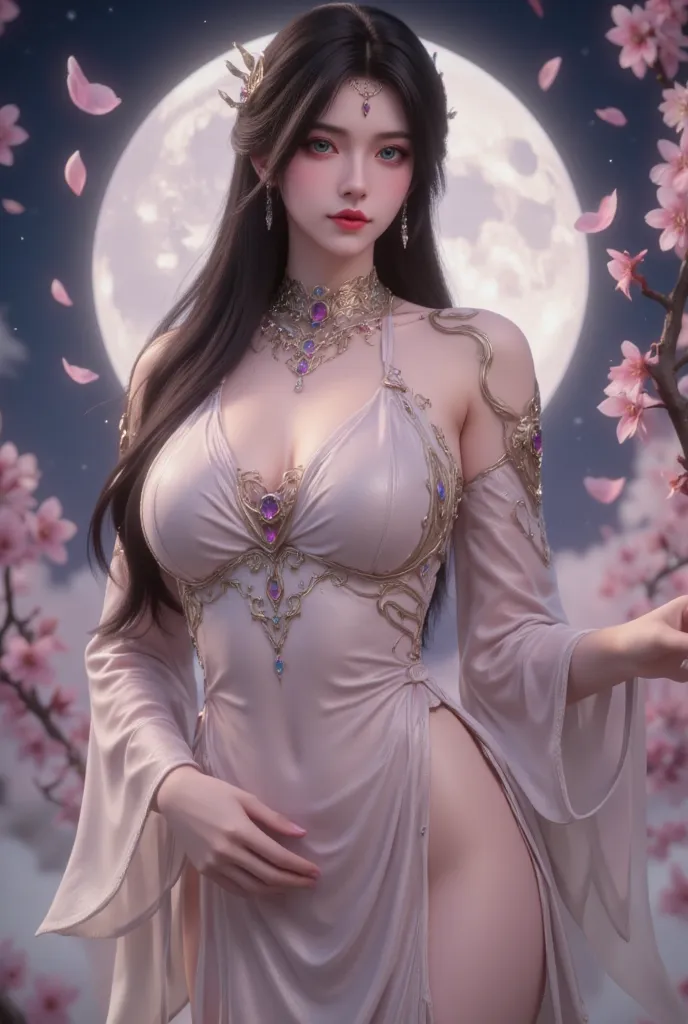 1girl, solo, long hair, breasts, looking at viewer, blue eyes, black hair, hair ornament, dress, jewelry, upper body, flower, earrings, detached sleeves, sky, white dress, petals, night, moon, cherry blossoms, branch, falling petals