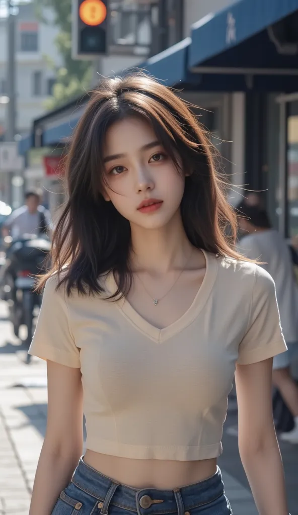 jisoo, tee v neck short sleeve, with perfect lighting. The overall mood is chic, relaxed, and fashionable, resembling a casual yet elegant city street photography style."