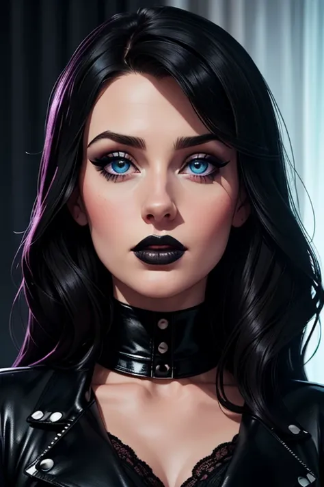 A beautiful female whose face combines features of Katherine Langford + Sophie Thatcher + Emma Roberts. The female has black hair and blue eyes. The female wears a black leather-and-lace goth outfit. The female has lovely goth makeup on her face. The femal...