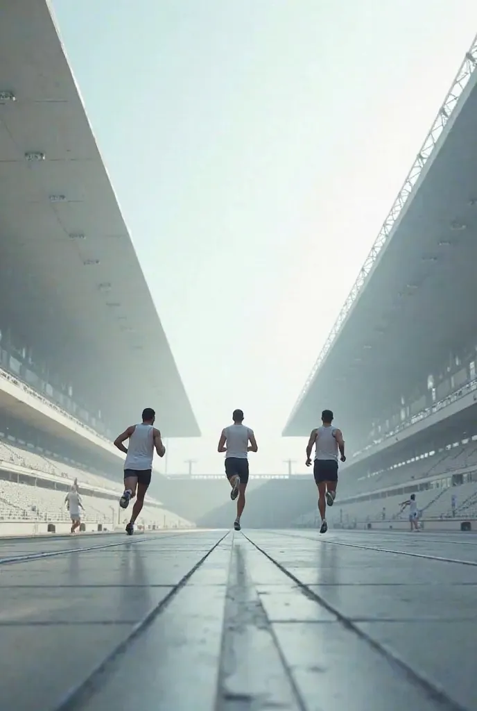 A finish line in a cinematic minimalistic stadium 