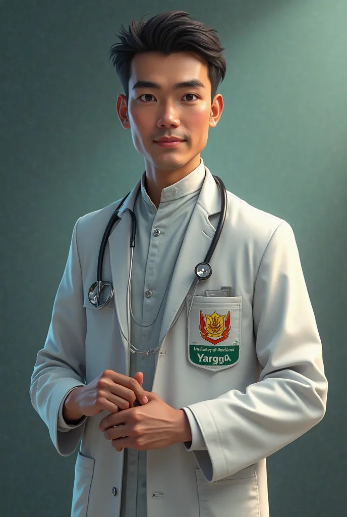 Med student wearing burmese out fit +duty coat +stetho Male Using the logo of UM2,yangon On the pocket of duty coat Containing the color of yellow and red "ဥပဌာနံ အနုကမ္မာဒယာ''
