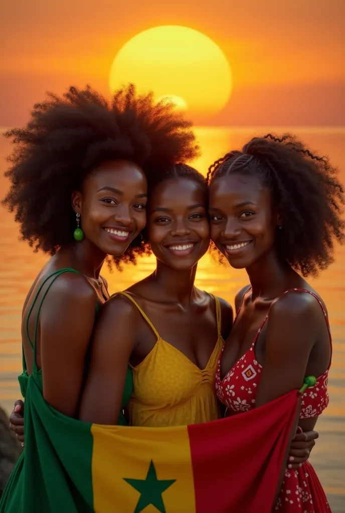 Generate the image of 3 beautiful young smiling Afro women. The first Afro Muslim woman will hold the repair cream. The second bright clear woman will hold the honey exfoliating shower gel. The third albino will hold the clarifying serum. with an African a...