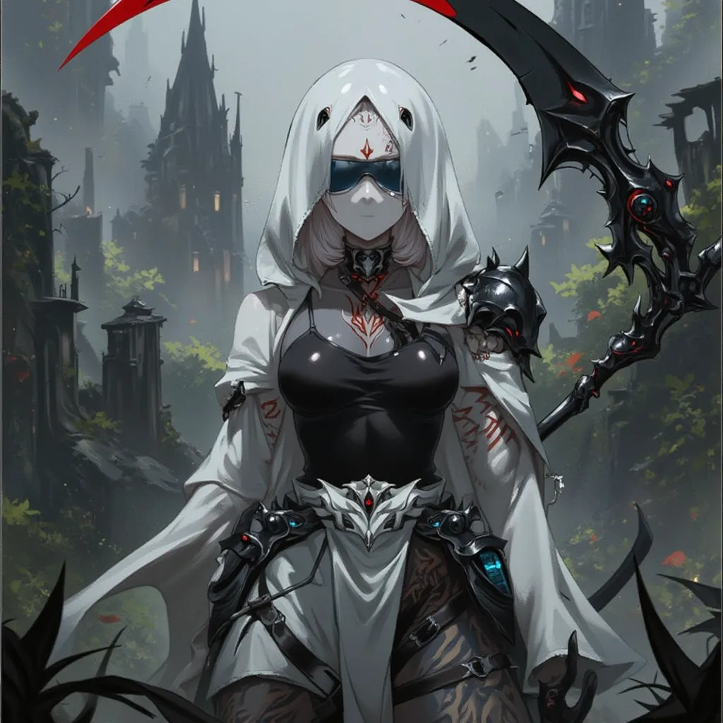 Holding the scythe of death  , With various details and cybernetic tribal prints designed on the clothes, Wearing a hood with two goggle lenses sewn into the white mask on the hood, A detailed painting of Jin Homura, pixiv, shin hanga, Highly detailed face...