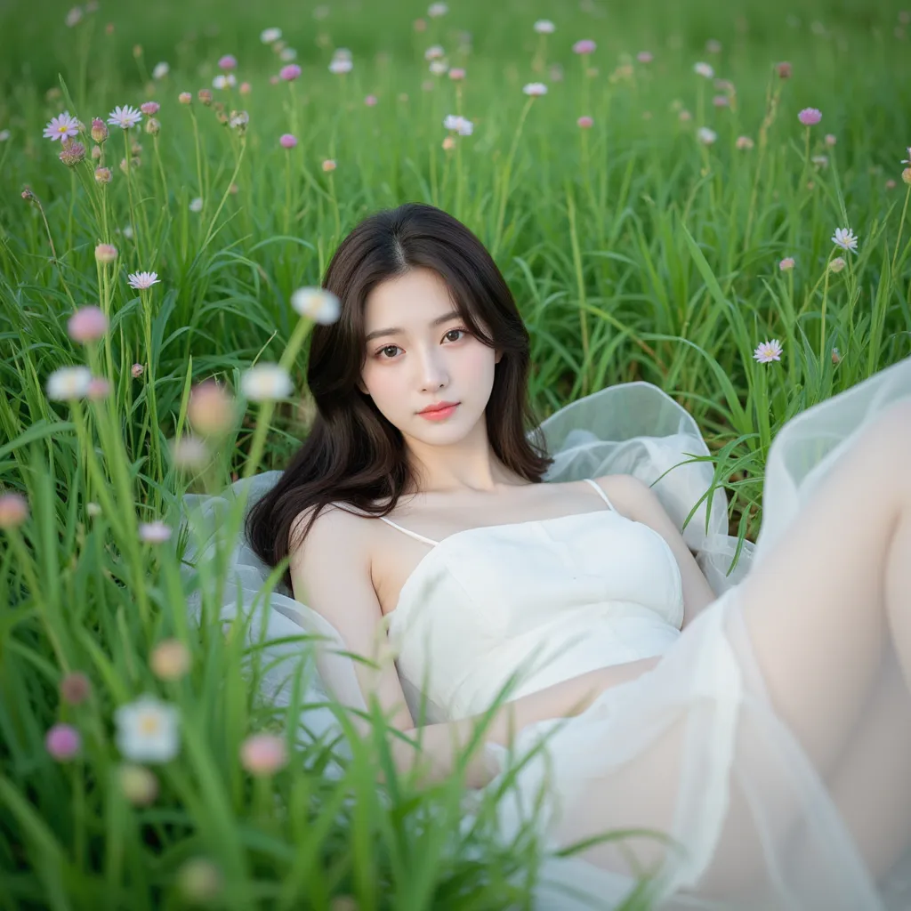 realistic 3d kpop concept photo pretty girl laying light purple laying in the green grass in day laying in a pillow in a flowly white dress