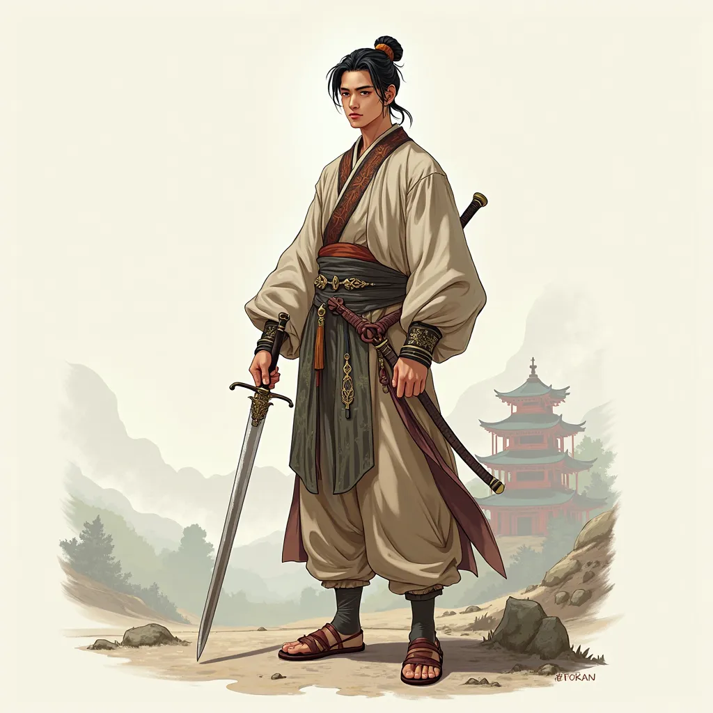 a 2D horizontal game character，Portrait of a young man in ancient China。 standing position 。Right side of body and face。Holding a sword。Draw your whole body