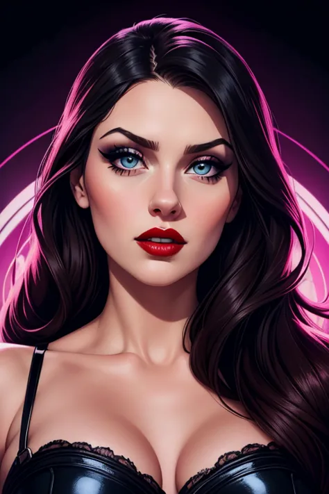 A beautiful female whose face combines features of Katherine Langford + Laura Prepon. The female wears a goth outfit. The female has lovely makeup on her face. The female wears red lipstick. Glamour photography aesthetic. Comic-style realism animation mixe...