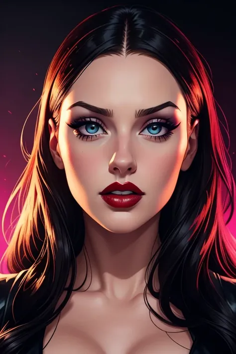 A beautiful female whose face combines features of Katherine Langford + Laura Prepon. The female wears a goth outfit. The female has lovely makeup on her face. The female wears red lipstick. Glamour photography aesthetic. Comic-style realism animation mixe...