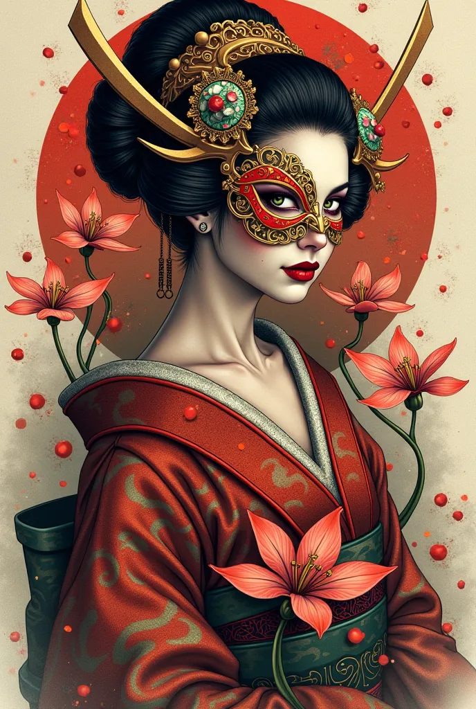 japanese tattoo of geisha wearing samurai mask and spider lily that look like intenses