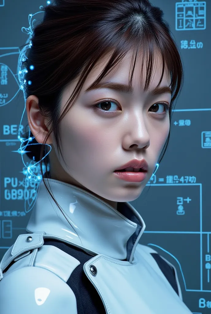 android girl blueprint, (masterpiece:1.2,  excellent quality, Mirror-like, cinematic experience, photorealistic:2.0, RAW photo:2.0, very detailed), 8k, wallpaper, (Use holograms to display blueprints:2.0), (beautiful woman:2.0), Female Cyborg, white metal ...