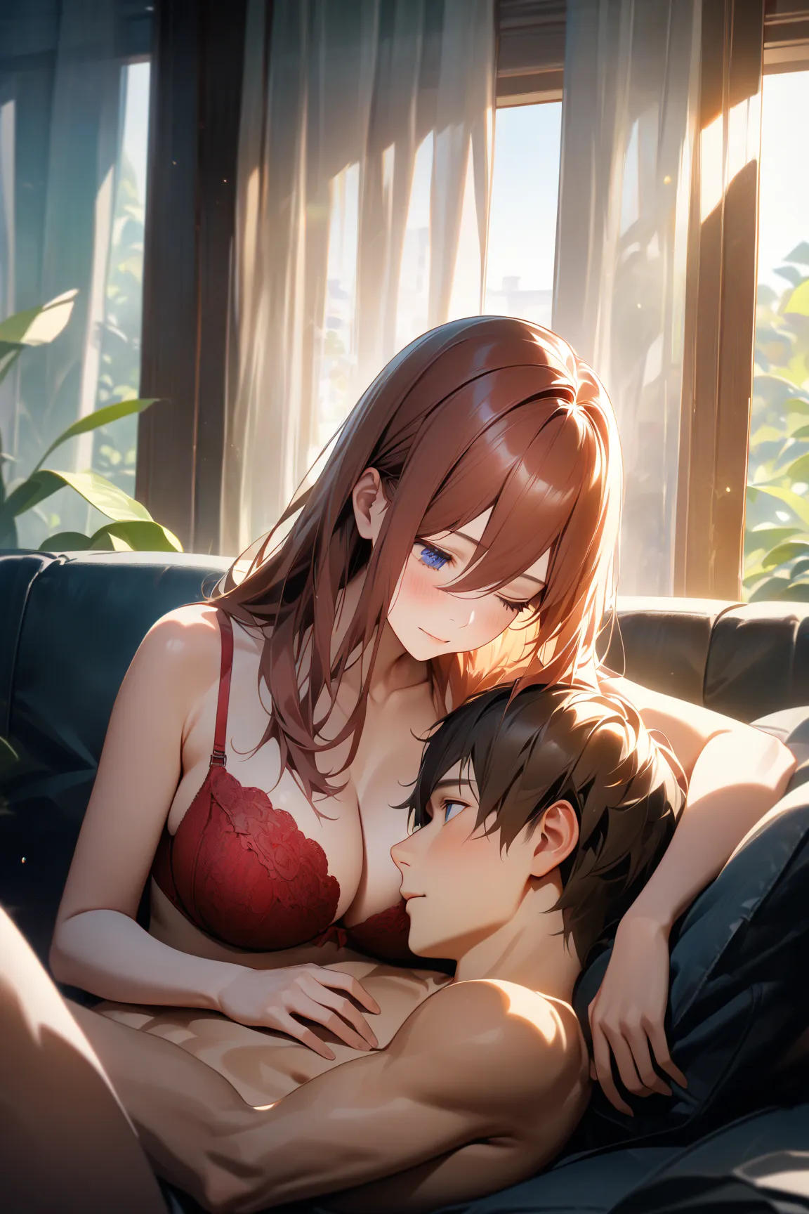 aamiku, a girl with long hair, straight hair, brown hair, blue eyes, large breasts,is sitting on a sofa at home, gently providing a lap pillow to a boy. The boy is lying down, resting his head on her lap, with a relaxed and peaceful expression, his eyes cl...