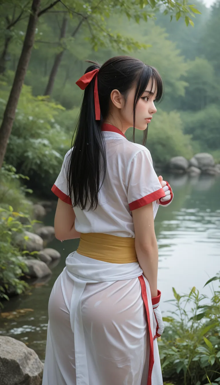  English: 1girl, long hair, black hair, hair ribbon, hair tie, black eyes, ainu clothes, japanese clothes, short sleeves, pants, fingerless gloves, sarong, bird, eagle, wet, from behind, turning around, covering chest, embarrassed, angry, butt, blushing, o...