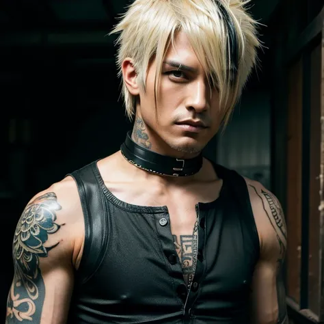 1 Japanese streampunk goth man, male, Asian eyes, muscular, broad shoulders, tattoos, hairstyle mohawk cut, black men's shirt and black pants, ultra detailed face and eyes, hyperrealistic, realistic representation, shoulder-length hair, 40 years old, age 4...